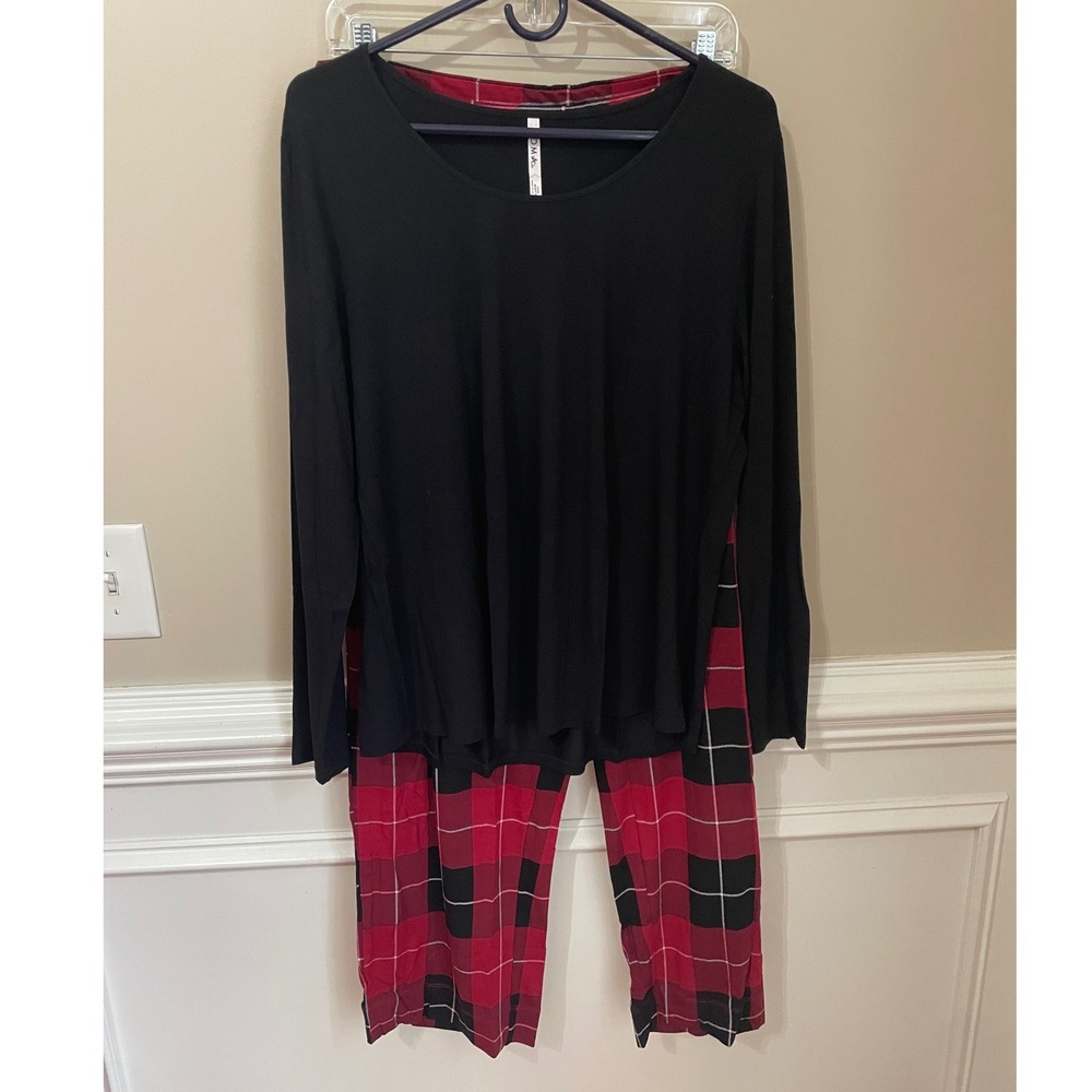 Soma Cool Nights Pajama Set Size L Red Black Plaid 2PC Top Pants NWT